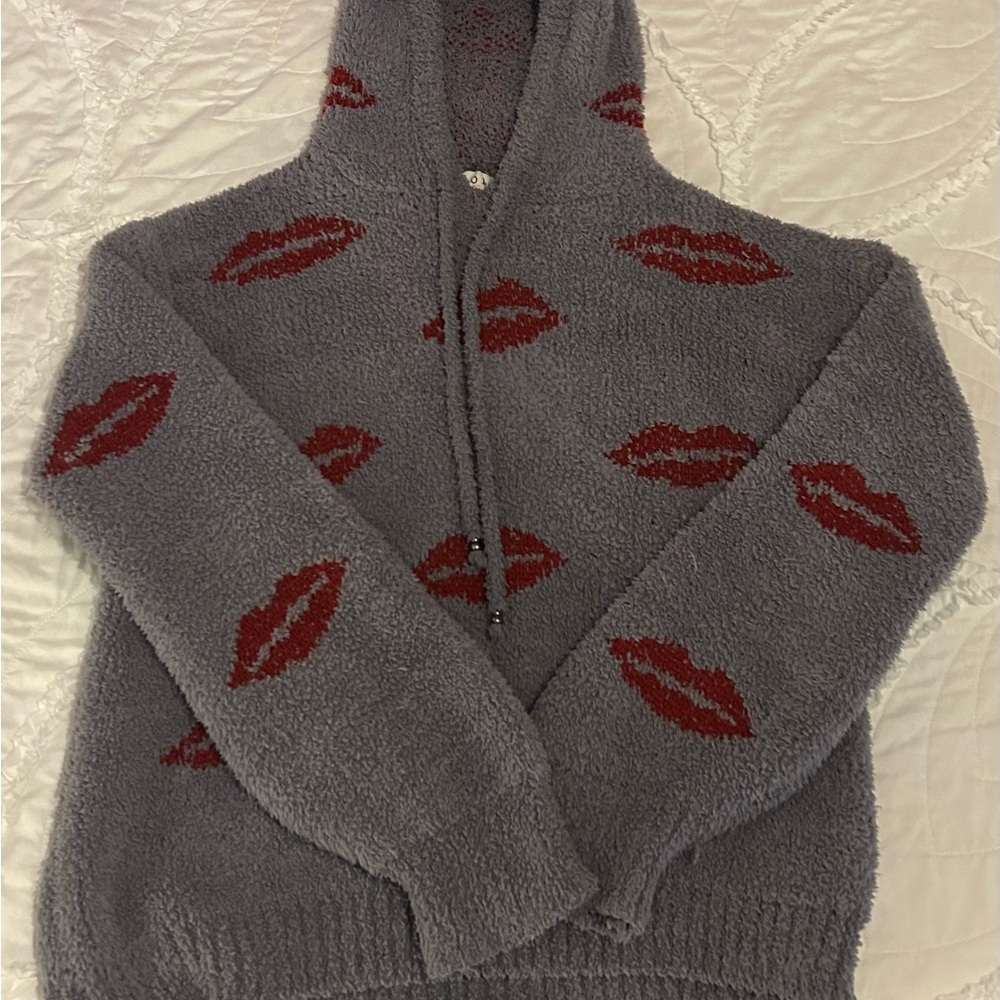 POL Gray Cardigan with Red Lip Design